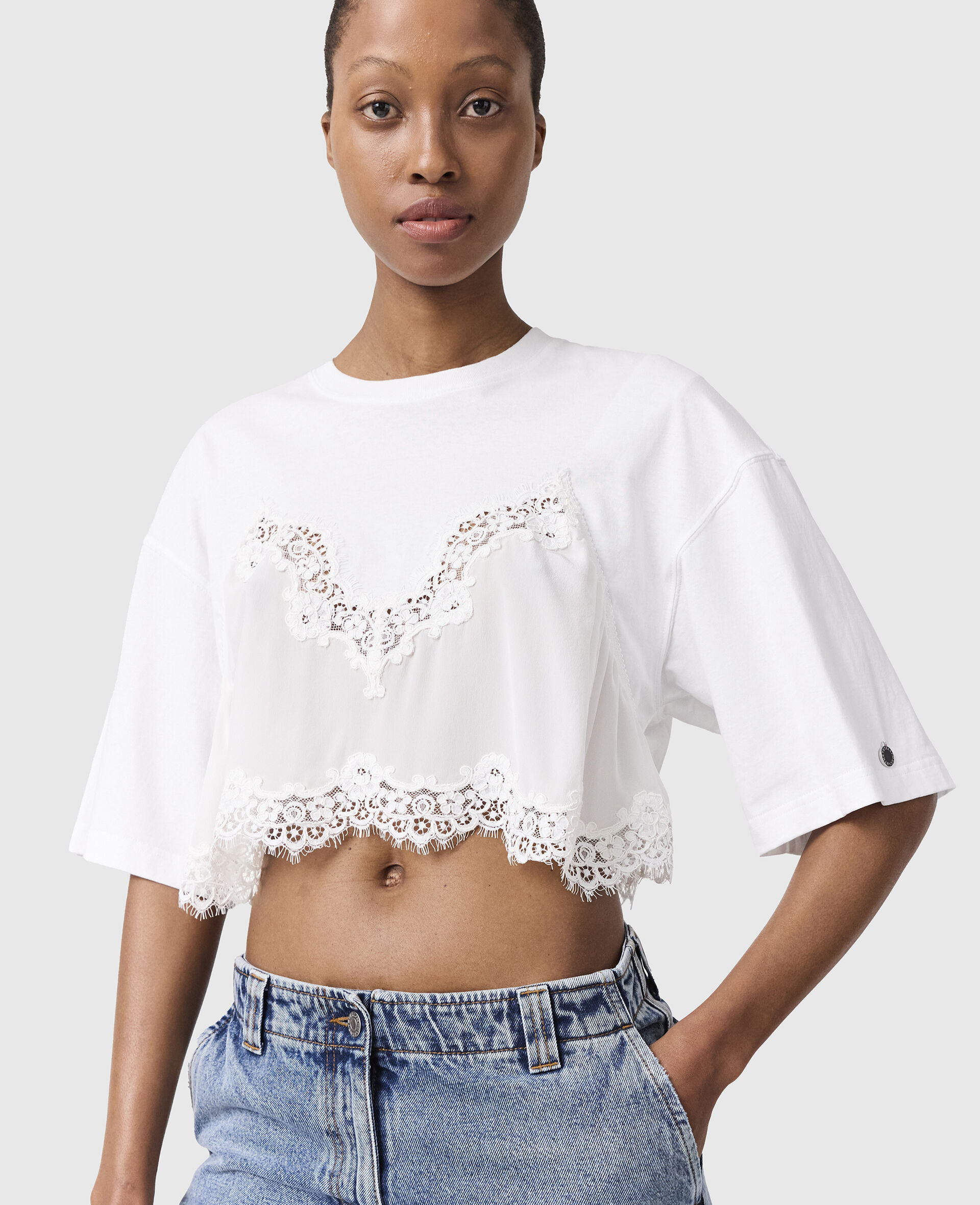 Lace Insert Cropped T-Shirt-Red-medium